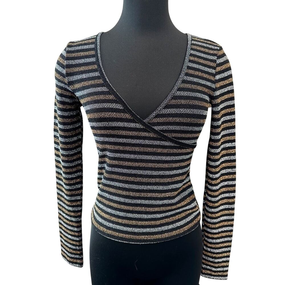 URBAN OUTFITTERS Metallic Stripe Wrap Knit Top Black Silver Party Y2K | Medium